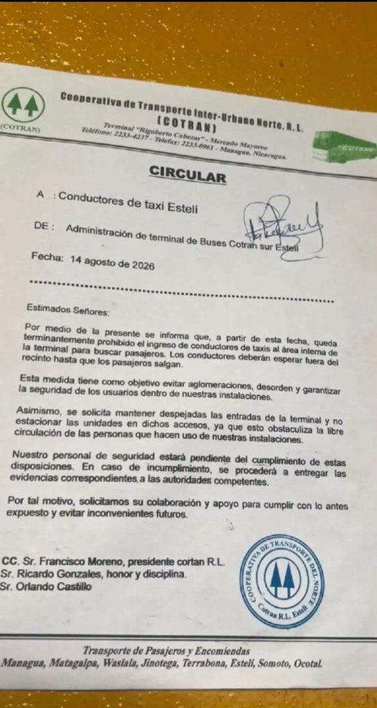 Circular Cotran Estelí. Foto: Tomada de redes sociales.