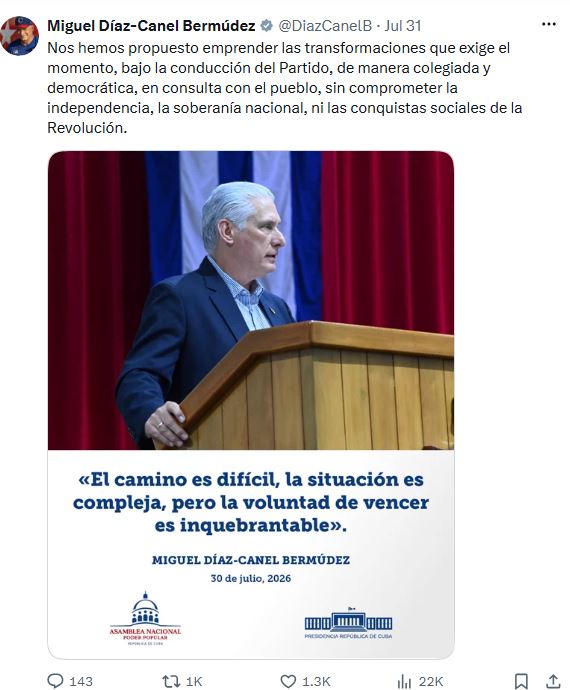 Publicación del presidente cubano en X.