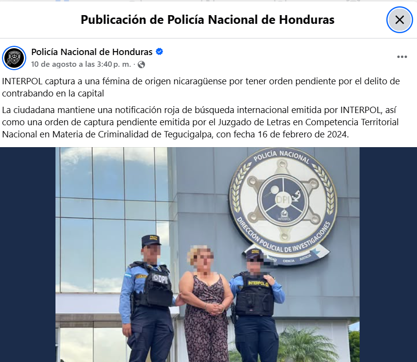 Publicación de autoridades hondureñas sobre la detención de la comerciante Melba Laguna
