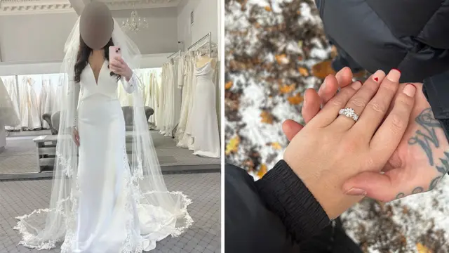 Dos fotografías una al lado de la otra. A la izquierda, una mujer con un vestido de novia largo hasta el suelo y velo en una tienda nupcial. Su rostro está borroso. La foto de la derecha muestra la mano de una mujer con un anillo de compromiso; la mano de un hombre la sostiene.