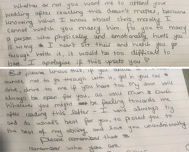 Una carta manuscrita en la que una mujer le explica a su hermana por qué no puede asistir a su boda: porque cree que el hombre con el que está a punto de casarse es una persona "que te lastima física y emocionalmente".