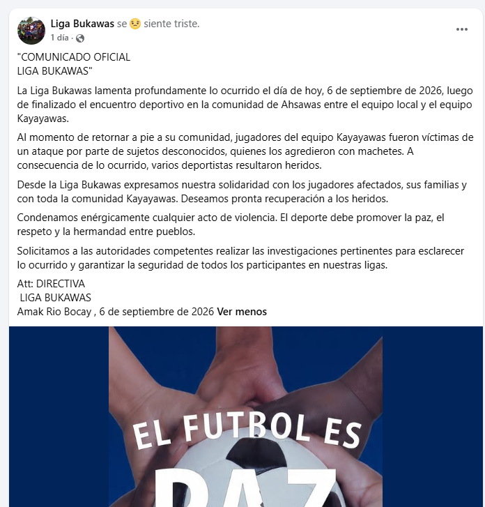Pronunciamiento Liga Bukawas. Foto: Captura de panalla.