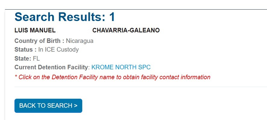 Verificación del centro de detención de ICE en el que se encuentra el periodista nicaragüense Luis Galeano. Foto: Captura de pantalla.