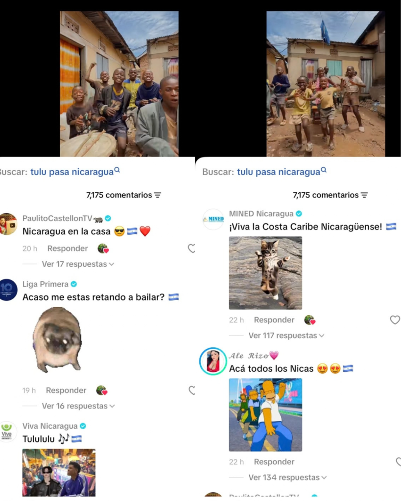 Comentarios de instituciones y personalidades reconocidas en los videos de los niños de Uganda sobre Nicaragua. Foto: Captura de pantalla. TikTok. Nansanadancekids