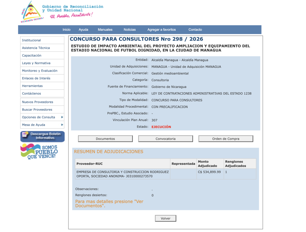Adjudicación del contrato en el Siscae. LA PRENSA / CAPTURA DE PANTALLA