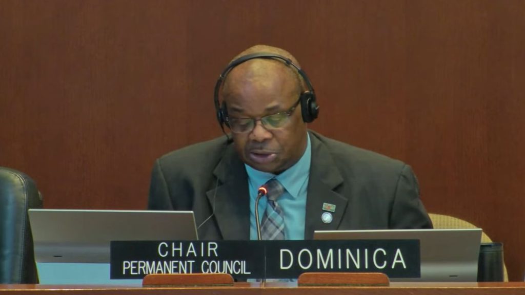 El presidente de la OEA, Steve Ferrol, representante permanente de Dominica. Captura de pantalla.