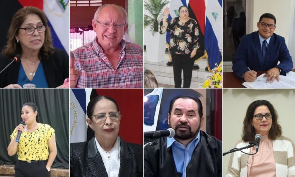 La presidenta de la CSJ, Ana Julia Guido, el vicepresidente José Manuel Fuertes y los magistrados: María Elsa Frixione Ocón, Ernesto Leonel Rodríguez Mejía, (abajo) Shura Bonilyn Welcome Crawford, Rosa Argentina Solís, Octavio Ernesto Rothschuh Andino, y Juana Méndez Pérez.