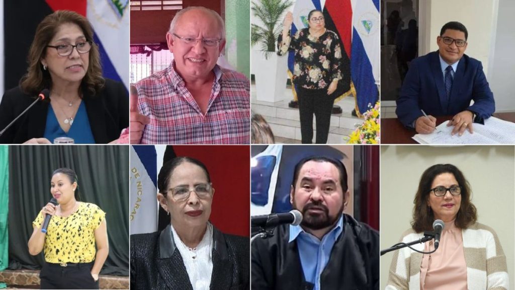 La presidenta de la CSJ, Ana Julia Guido, el vicepresidente José Manuel Fuertes y los magistrados: María Elsa Frixione Ocón, Ernesto Leonel Rodríguez Mejía, (abajo) Shura Bonilyn Welcome Crawford, Rosa Argentina Solís, Octavio Ernesto Rothschuh Andino, y Juana Méndez Pérez.