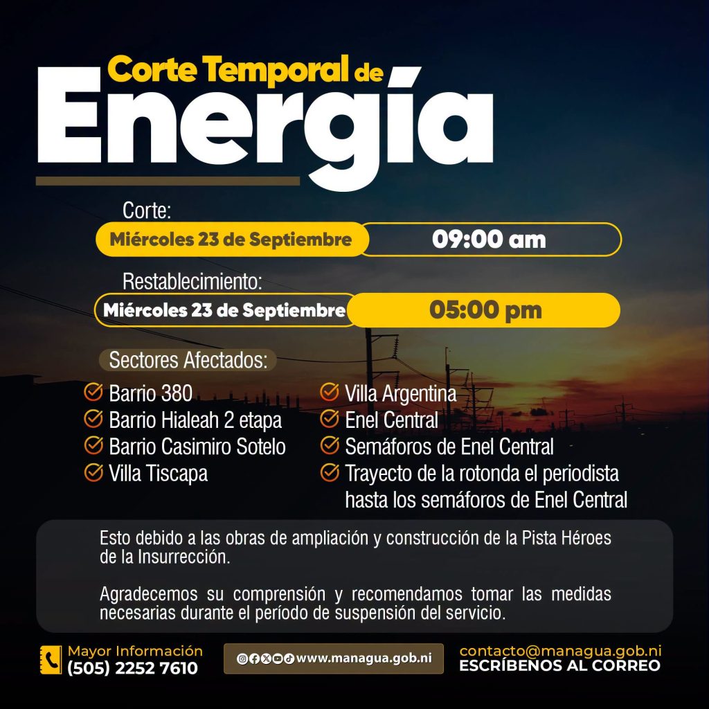 Suspensión de energía eléctrica en sectores de la capital. Alcaldía de Managua