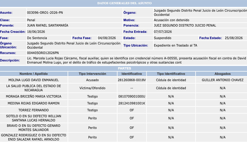 Foto captura del sistema NICARAO sobre la acusación contra el abogado sandinista David Enmanuel Molina Lugo.