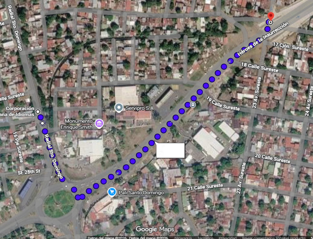 Zona del tramo tres de la Pista Héroes y Mártires de la Insurrección afectadas por la reducción de carriles. Foto: Captura Google Maps.