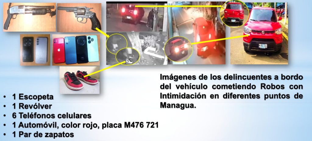 Policía decomisa pistolas, celulares y vehículo a banda del "carro rojo" en Managua. Foto: Policía Nacional.