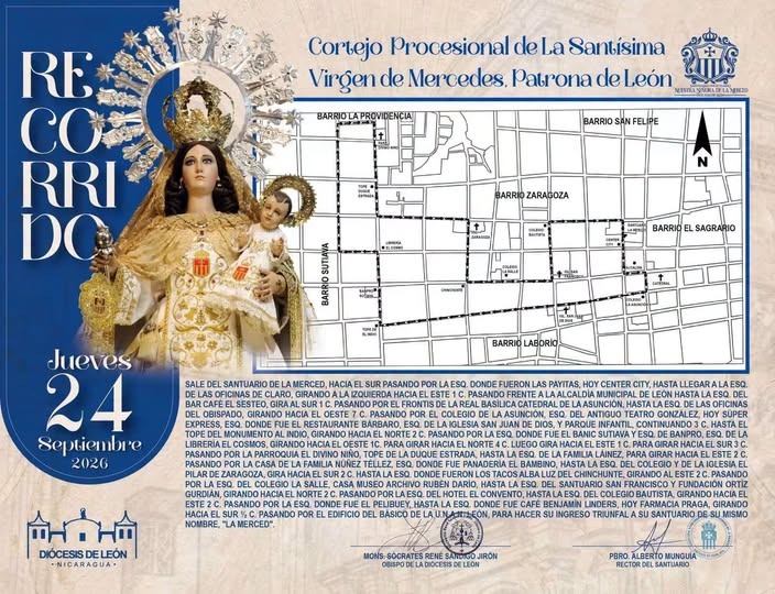 Recorrido de solemne procesión Virgen de La Merced de León