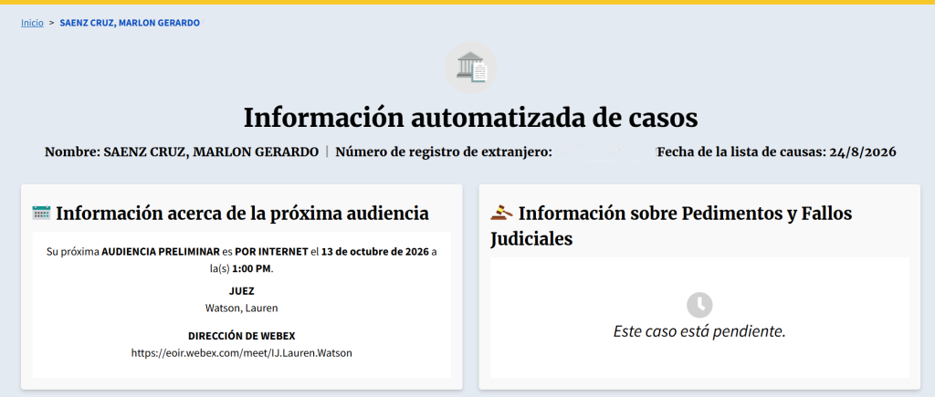 Reprogramación de audiencia preliminar Chino Enoc. Foto: Captura de pantalla con datos sensibles eliminados.
