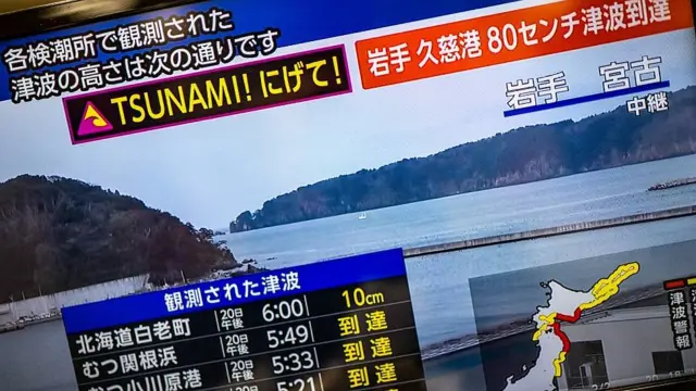 Imagen de una pantalla de TV en Japón que muestra una alerta de tsunami