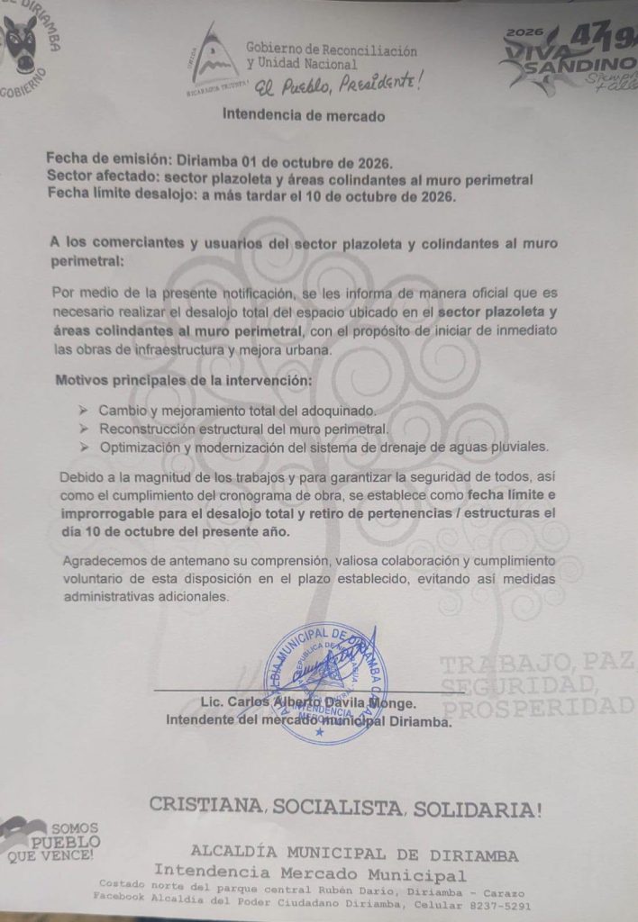 Aviso de desalojo para comerciantes de la terminal de buses de Diriamba. Foto: Tomada de redes sociales.