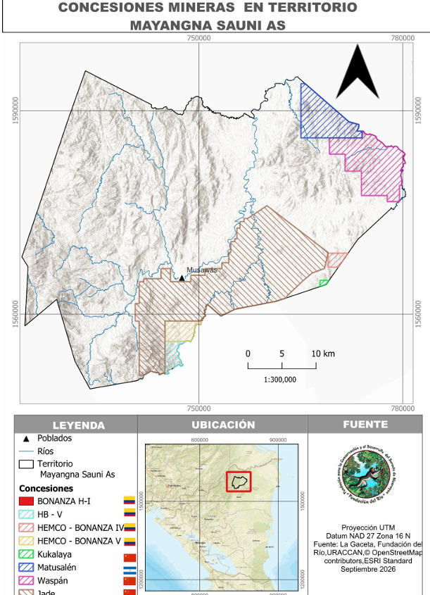 Concesiones mineras en territorio Mayangna. Foto: Captura de pantalla.