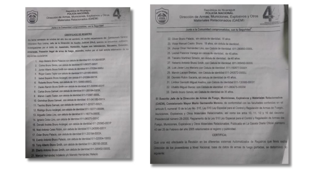 Lista de personas requeridas por la Policía, entre ellas los ocho mayangnas que fueron detenidos y condenados. Fotos: Fundación del Río