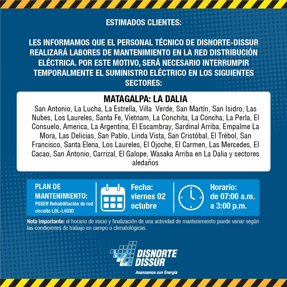 Sectore afectados con cortes de energía eléctrica en Matagalpa y Nueva Segovia.