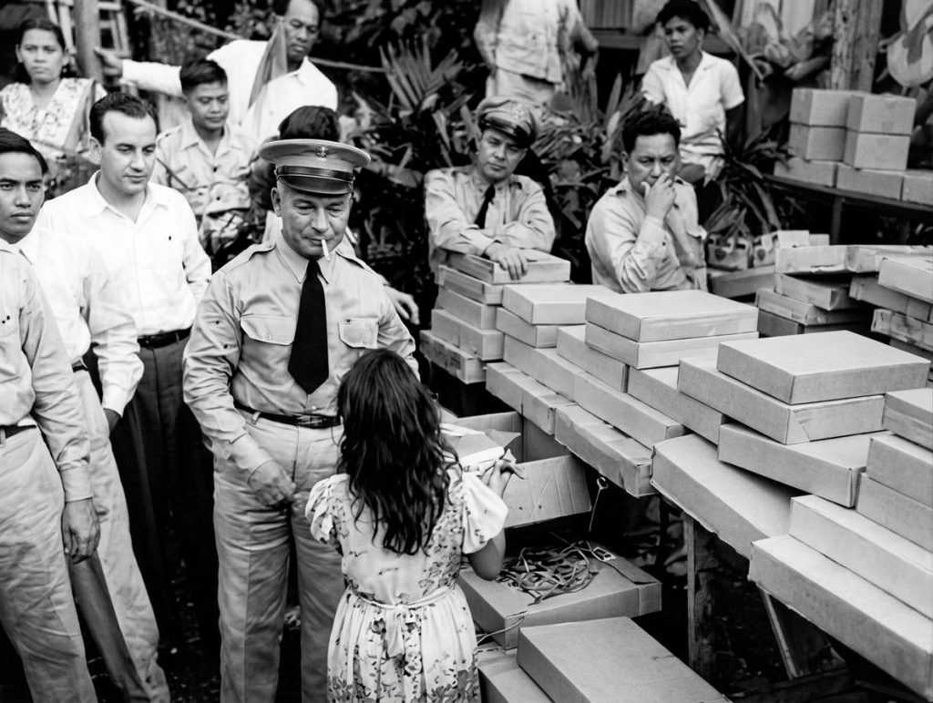 Durante la Navidad de 1944, el coronel GN José Dolores García distribuye obsequios a los hijos de los trabajadores del Estado. LA PRENSA / IMAGEN RESTAURADA CON IA