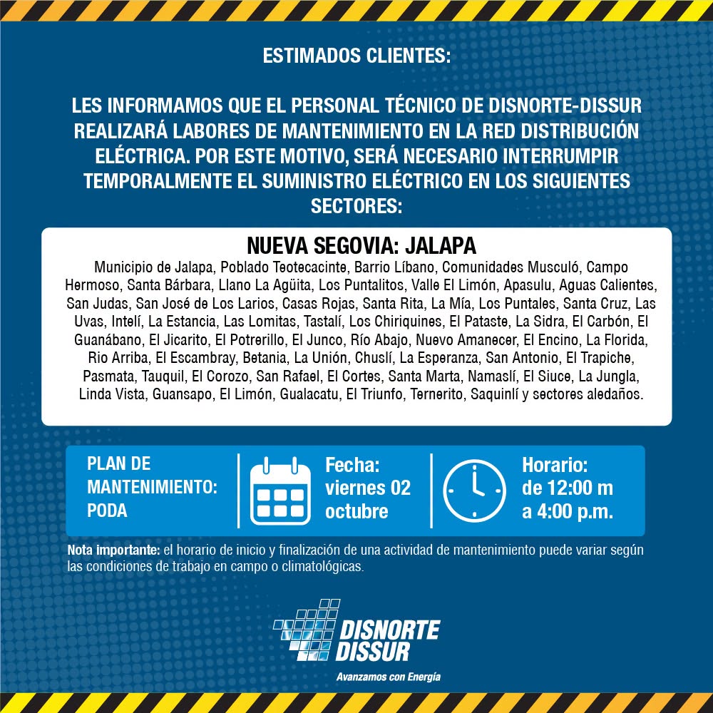 Sectores afectados con cortes de energía eléctrica en Matagalpa y Nueva Segovia.