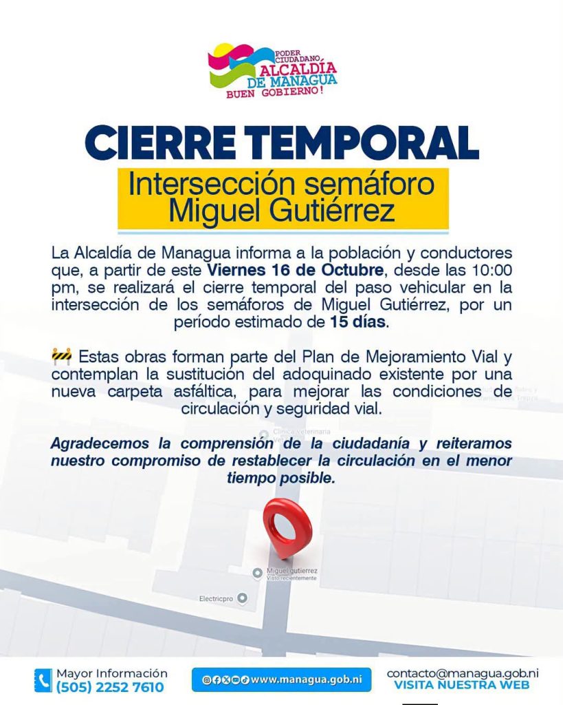 Alcaldía confirma cierre de los semáforos Miguel Gutiérrez en Managua. Foto: Alcaldía de Managua/Facebook.