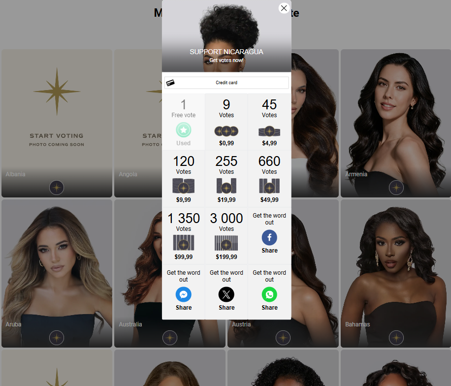 Cómo usar tu voto gratis o comprar votos para Miss Universe Nicaragua. Foto: Captura de pantalla/Miss Universe