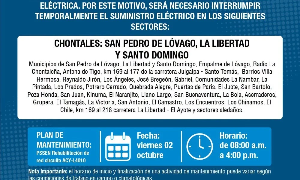 Zonas afectadas con interrupción de energía eléctrica en Chontales