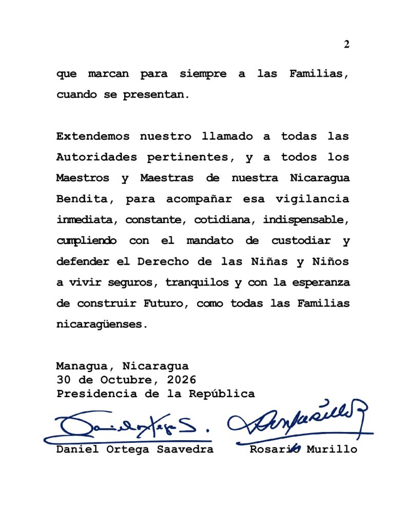 Comunicado de Ortega y Murillo sobre la muerte de dos niñas en Managua. Foto: El 19 Digital.