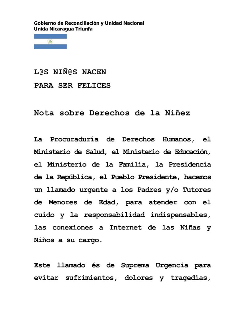 Comunicado de Ortega y Murillo sobre la muerte de dos niñas en Managua. Foto: El 19 Digital.