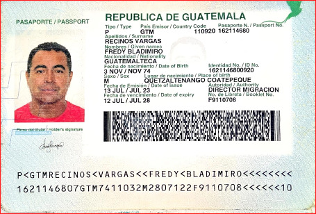 Identificación del guatemalteco Fredy Bladimiro Recinos Vargas, detenido en Chinandega con 1.9 toneladas de marihuana. Foto: Policía Nacional.