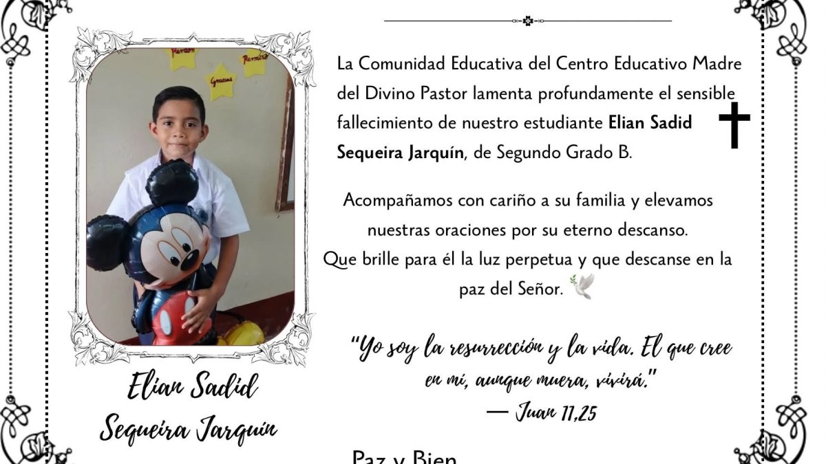 Nota de duelo de la comunidad educativa Madre del Divino Pastor. Foto: Tomada de facebook / Wilder Sequeira