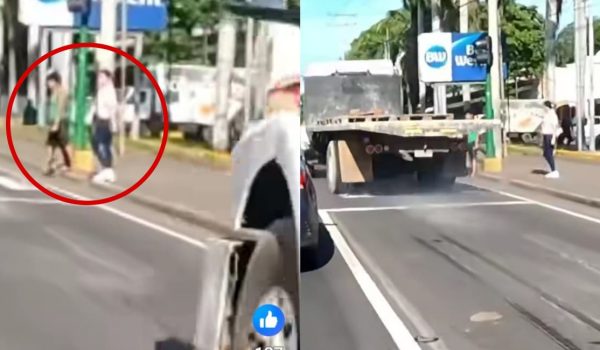 Conductor de camión casi atropella a peatones en los semáforos del aeropuerto de Managua. Foto: captura de video publicado por La Voz del Norte/Facebook.